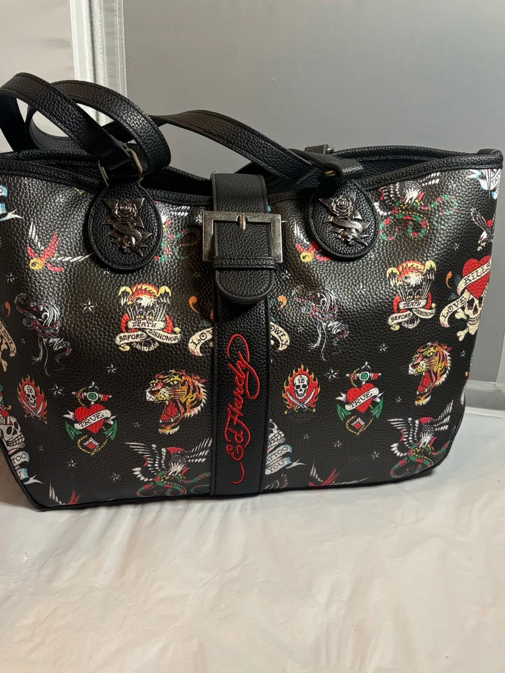 Ed Hardy Black Tattoo-Print Leather Satchel with Red Accent 14x9 “